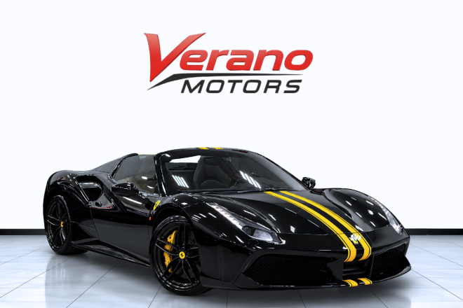 2017 Ferrari 488 Spider for sale in Dubai, Nero with yellow stripes – photo 1
